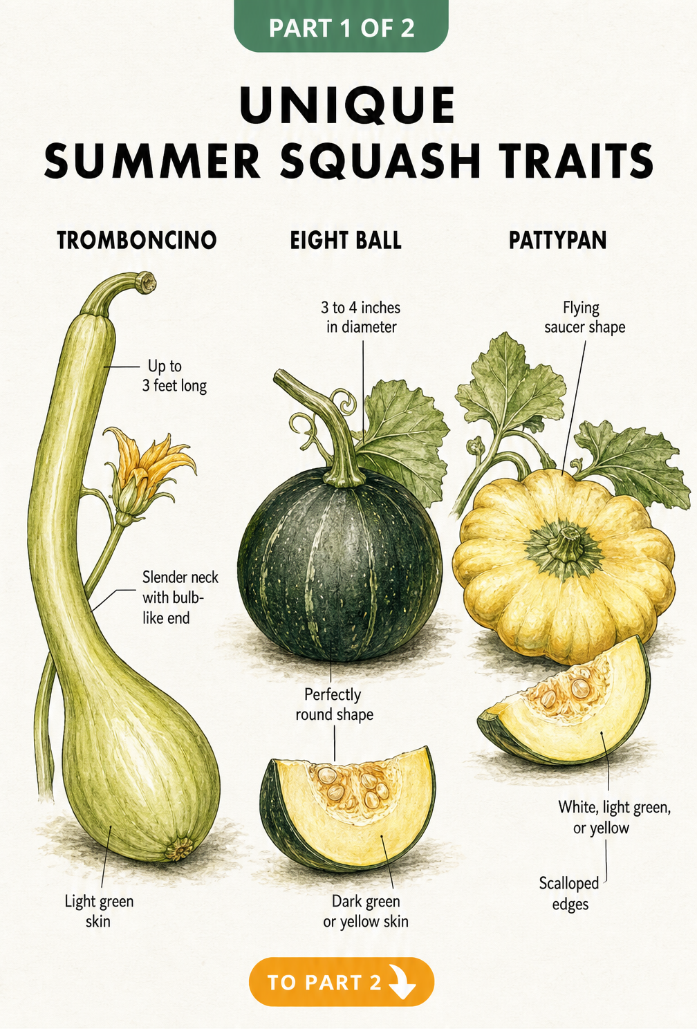 Botanical illustration comparing three unique summer squash varieties: Tromboncino, Eight Ball, and Pattypan with their distinctive traits.