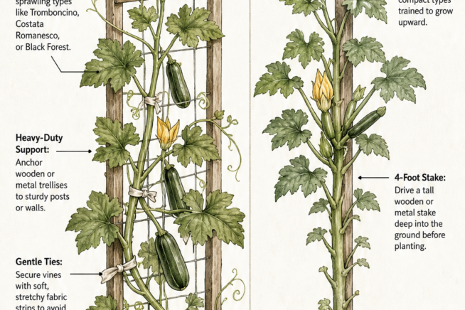 Botanical illustration comparing a vining zucchini plant on a wooden trellis with a pruned bush zucchini on a single stake.