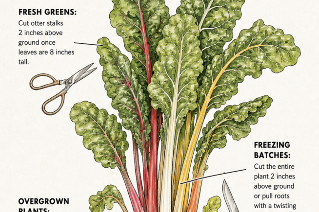 Botanical illustration showing three ways to harvest Swiss chard: cutting outer stalks, cutting the entire plant, and trimming overgrown plants.