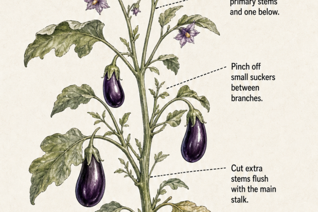 Botanical illustration showing where to prune an eggplant, including keeping two primary stems and removing small suckers.