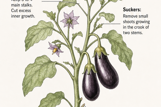 Botanical illustration showing where to trim an eggplant, including center branches, suckers, bottom leaves, and damaged stems.