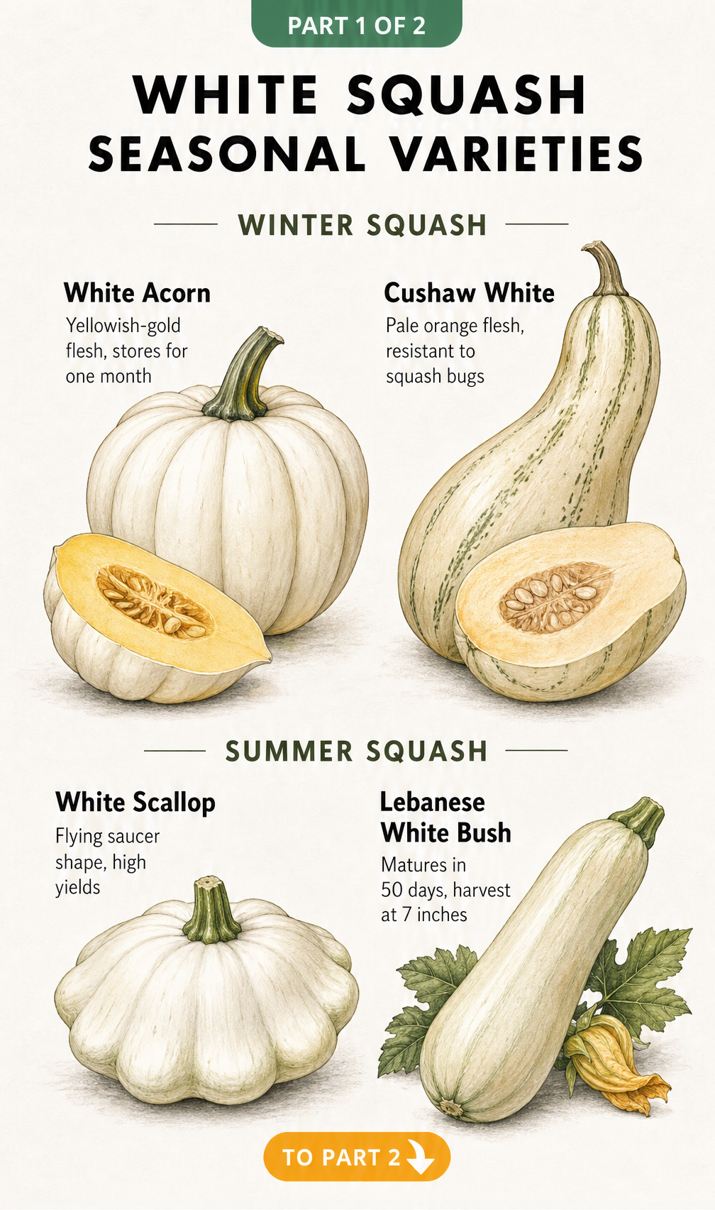 Botanical illustration of white winter and summer squash varieties including White Acorn, Cushaw White, White Scallop, and Lebanese White Bush.
