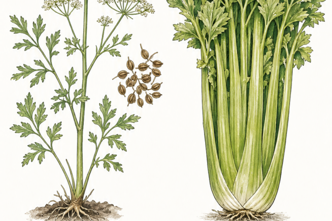 Botanical illustration comparing smallage wild celery with domesticated celery stalks and seeds