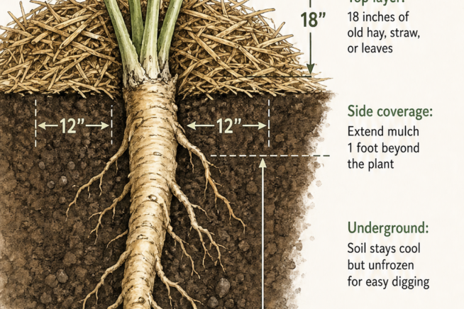 Cross-section illustration of a horseradish root in the ground covered by an 18-inch layer of mulch