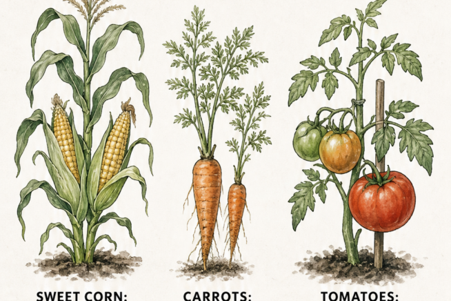 Botanical illustration of sweet corn, carrots, and tomatoes, which are the worst neighbors for celery.