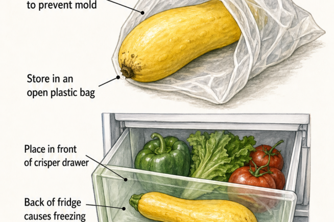 Illustration showing yellow squash stored unwashed in an open plastic bag in the front of a refrigerator crisper drawer.