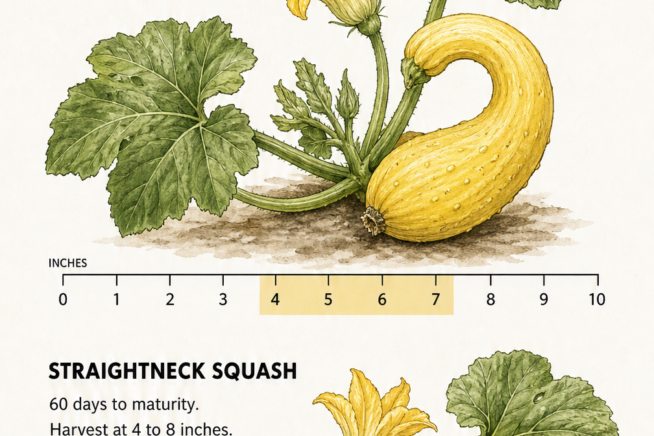 Botanical illustration comparing crookneck and straightneck yellow squash with a measuring tape showing ideal harvest sizes of 4 to 8 inches.