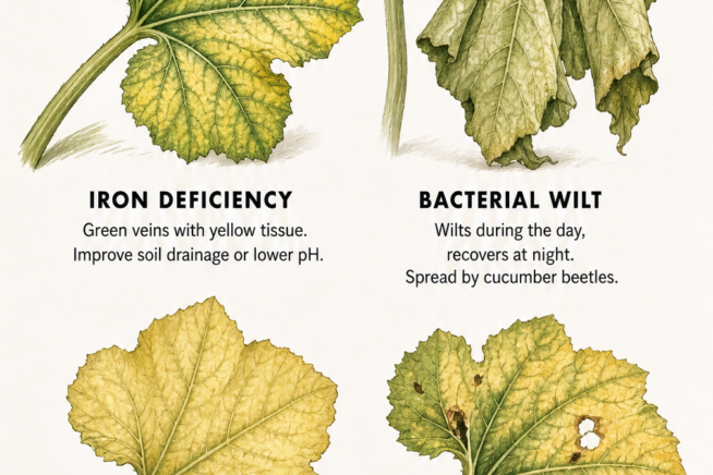 Botanical illustration showing four common causes of yellow squash leaves: iron deficiency, bacterial wilt, water stress, and vine borers.