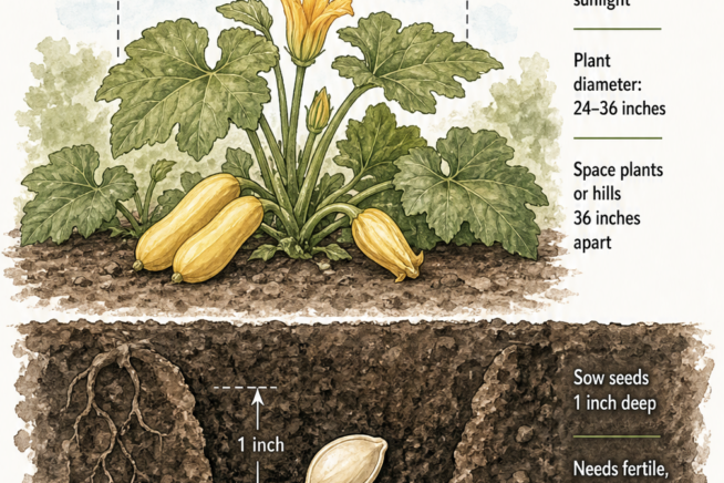 Cross-section illustration of a garden bed showing a mature yellow squash plant and a planted seed with spacing and soil requirements.