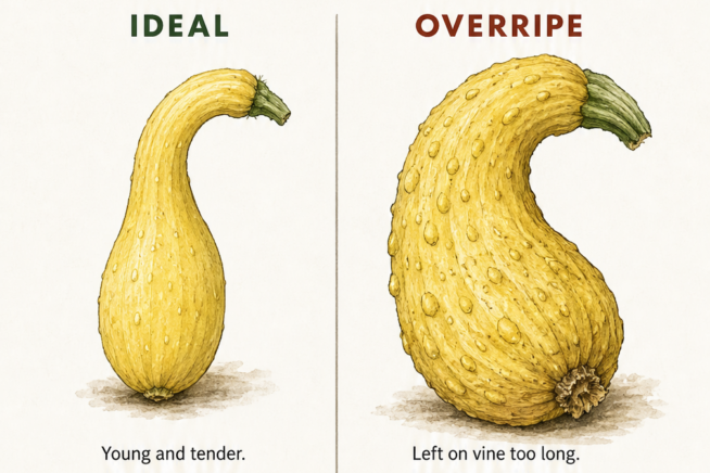 Illustration showing the difference between a young, tender crookneck squash and an overripe one with a hard rind and enlarged bumps.