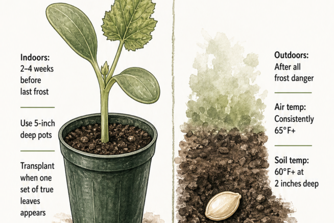Botanical illustration showing a yellow squash seedling in a pot and a seed in garden soil with temperature and timing requirements.