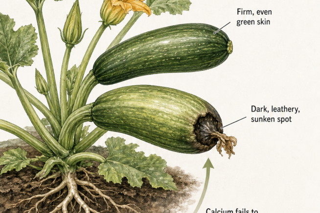 Illustration showing a healthy zucchini next to one with blossom-end rot, highlighting the dark sunken spot and calcium deficiency in the soil.