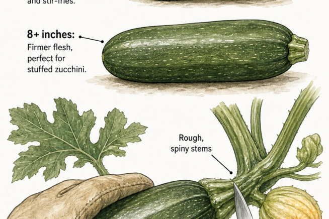 Illustration showing the difference between a small 6 to 8 inch zucchini and a larger 8+ inch zucchini, along with a gloved hand cutting the stem with a knife.