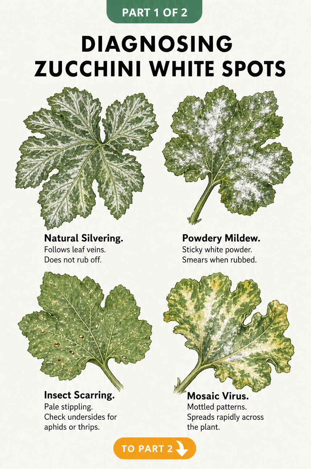 Botanical illustration showing four zucchini leaves with different white spot patterns: natural silvering, powdery mildew, insect scarring, and mosaic virus.
