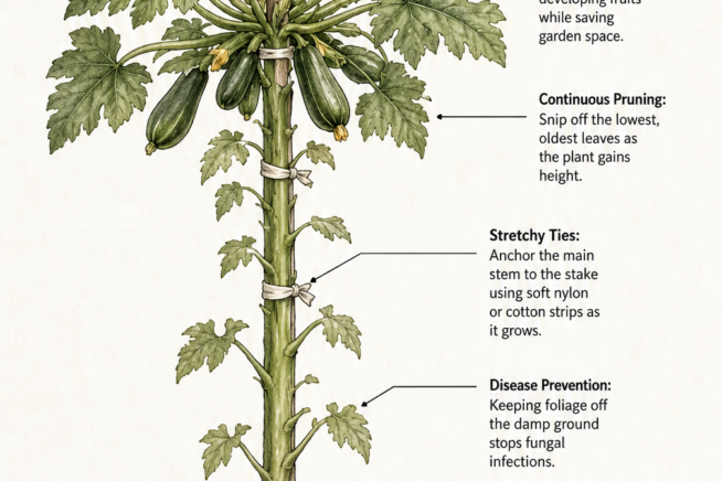 Diagram showing the zucchini palm tree method with a single staked plant, pruned lower stem, and upper canopy of leaves.