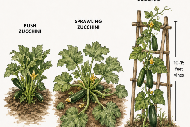 Illustration showing the spacing requirements for bush, sprawling, and climbing zucchini plants.