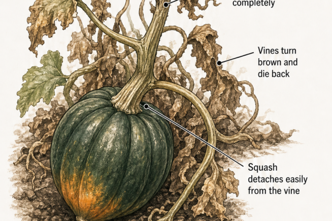 Illustration of a ripe acorn squash on a dying vine, showing a dry stem and brown leaves.