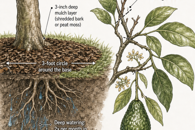 Botanical illustration detailing an avocado tree care routine with watering schedules, fertilizing, mulching, and pruning tips.