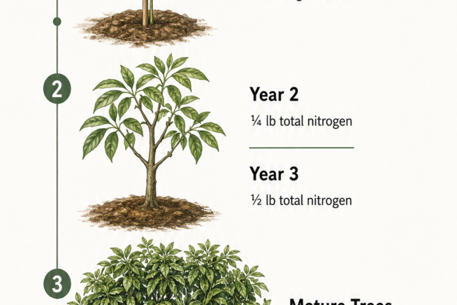 Botanical timeline showing avocado tree fertilizer application rates from planting to maturity