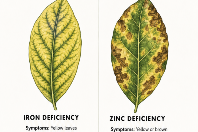 Illustrations of avocado leaves showing symptoms of iron and zinc deficiencies
