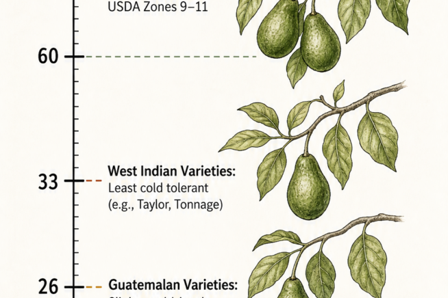 Botanical temperature scale showing cold tolerance of Mexican, Guatemalan, and West Indian avocado varieties