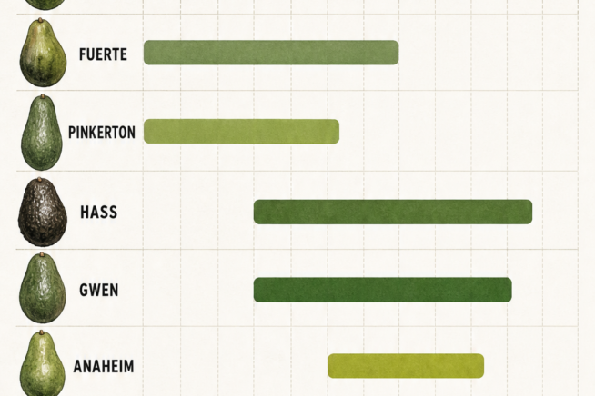 A botanical timeline showing the harvest months for popular avocado varieties like Hass, Fuerte, and Bacon.