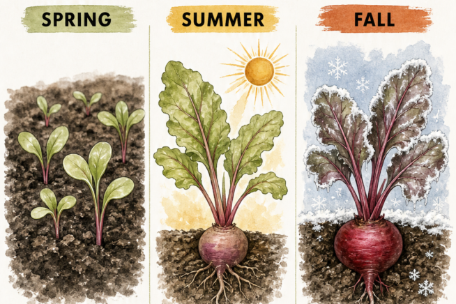 Botanical illustration showing a timeline for planting beets in spring, summer, and fall with ideal soil temperatures.