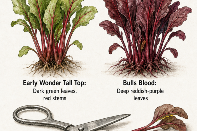 Botanical illustration of Early Wonder Tall Top and Bulls Blood beet sprouts next to harvesting scissors.