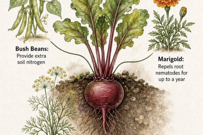 Botanical illustration of a beet plant surrounded by beneficial companion plants including bush beans, marigold, and dill.