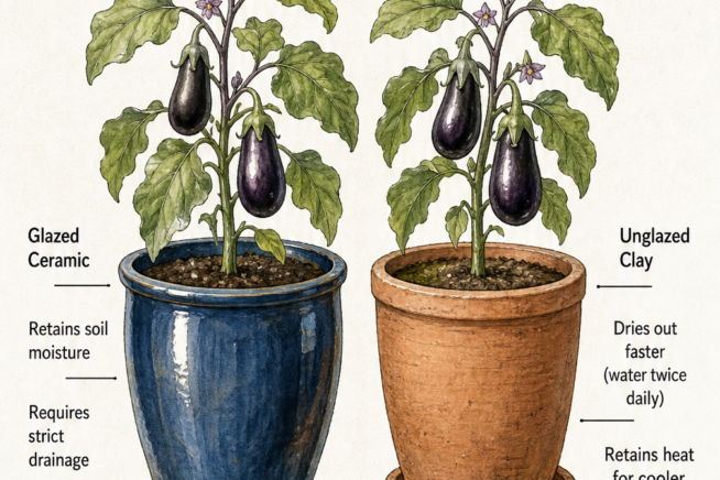 Illustration comparing glazed ceramic and unglazed clay pots for growing eggplants, showing moisture retention and drainage differences.