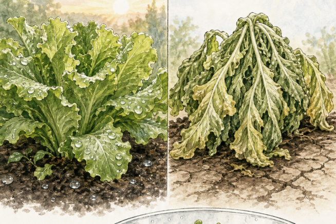 Illustration showing the best time of day to harvest lettuce, comparing crisp morning leaves to wilted midday leaves, and an ice water bath for post-harvest...