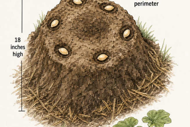 Illustration showing how to build a butternut squash hill 18 inches high with 6 seeds planted around the perimeter.