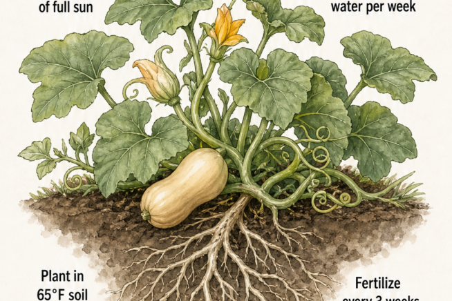 Botanical illustration of a butternut squash plant detailing sunlight, water, soil temperature, and fertilizer needs.