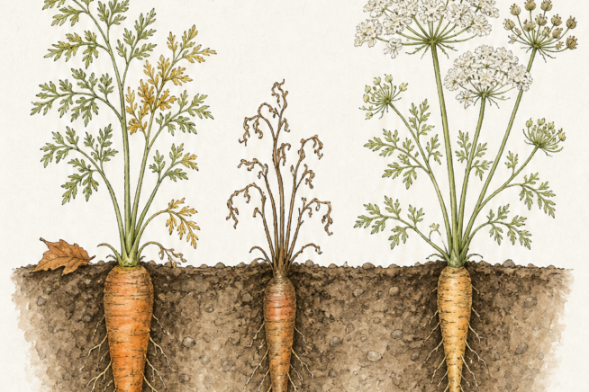 Botanical cross-section illustration showing the biennial life cycle of a carrot from fall through spring and summer