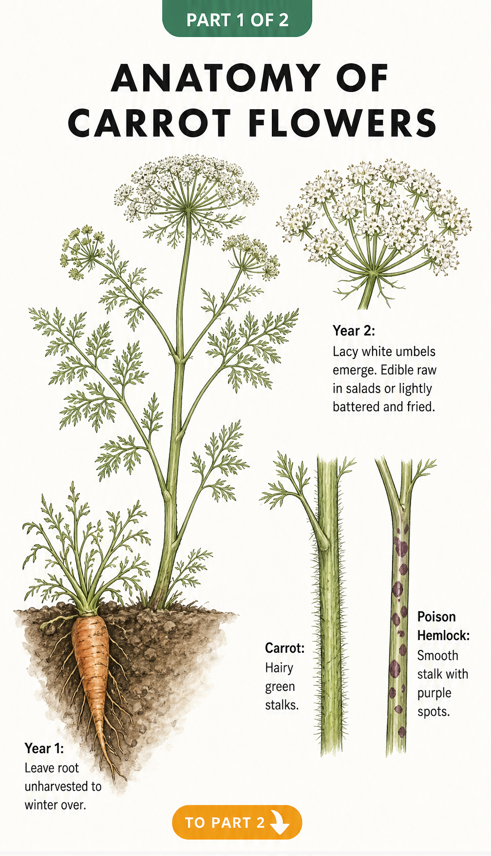 Botanical illustration showing the anatomy of a carrot flower in its second year, comparing its hairy green stalk to the smooth, purple-spotted stalk of poison...