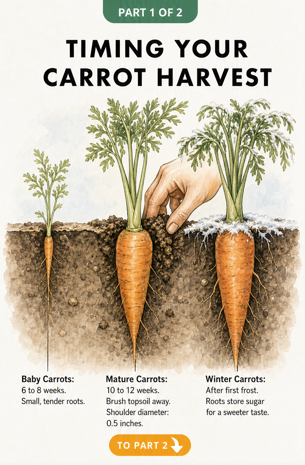 Illustration showing carrots at three growth stages: baby carrots at 6 to 8 weeks, mature carrots at 10 to 12 weeks, and winter carrots after the first frost.