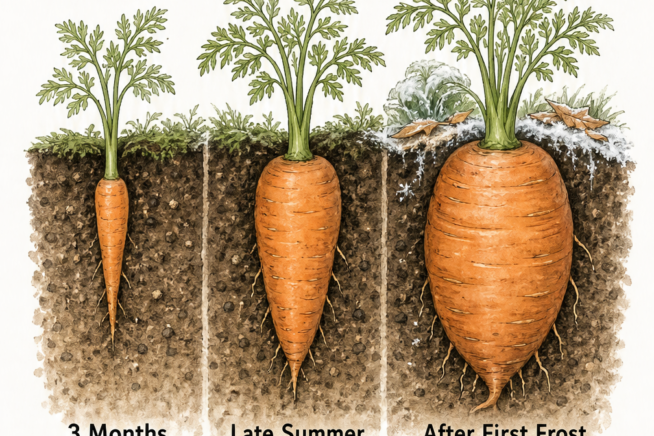 Botanical illustration showing three stages of carrot growth from three months to after the first frost, highlighting increased thickness and sweetness