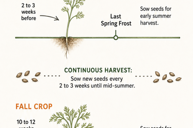 Illustration of a garden bed cross-section showing soil preparation and carrot spacing for straight roots.