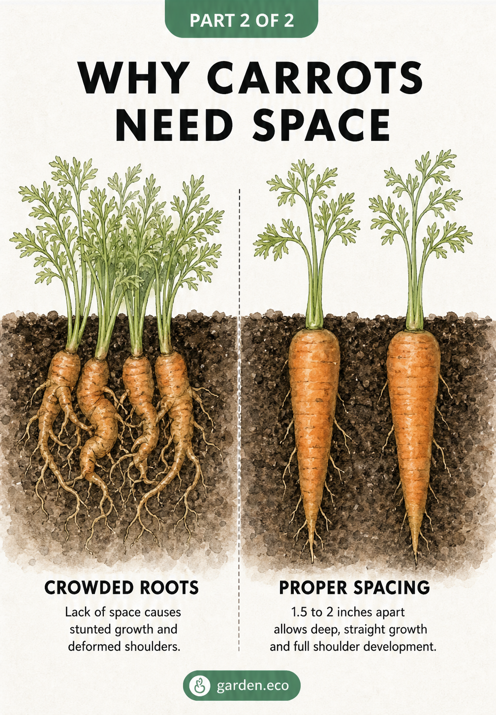 Comparison of crowded, deformed carrot roots versus properly spaced, straight carrots
