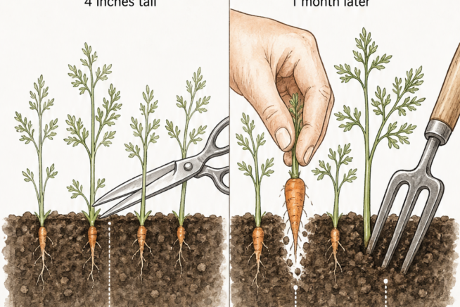 Illustration showing the two stages of thinning carrots: snipping seedlings at ground level and gently pulling baby carrots later.