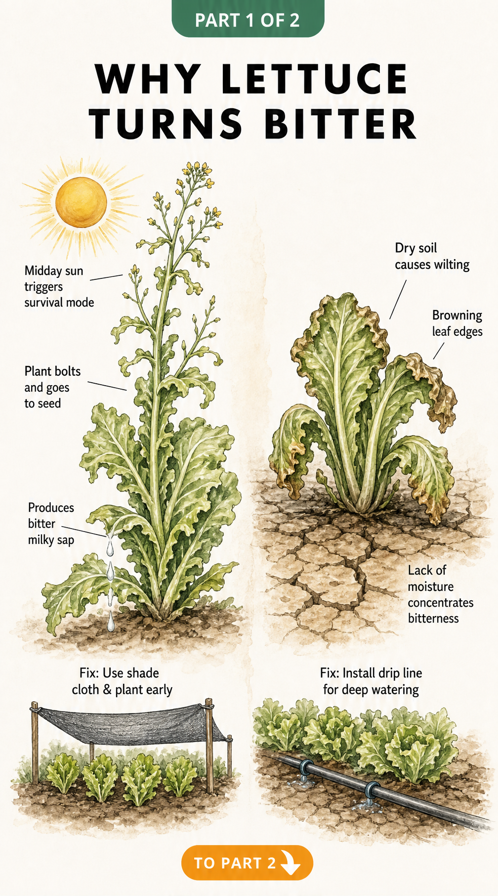 Botanical illustration showing how heat stress causes lettuce to bolt and produce bitter sap, and how dry soil leads to wilting and concentrated bitterness.