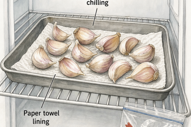 Illustration of garlic cloves chilling on a paper towel-lined tray inside a refrigerator, with a crossed-out plastic bag.