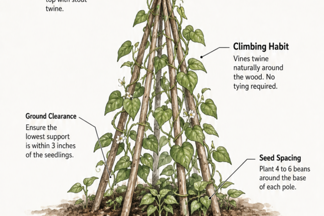 Detailed botanical drawing of a classic bean teepee setup showing the apex, climbing habit, ground clearance, seed spacing, and anchor depth.