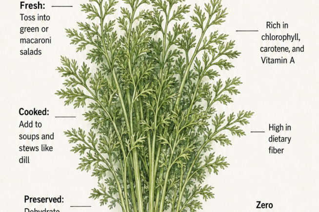 Botanical drawing of carrot greens highlighting culinary uses like salads and soups, plus nutritional benefits including vitamin A and fiber.