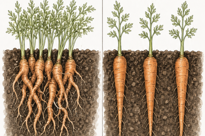 Cross-section comparison of crowded, stunted carrot roots versus properly thinned, straight, full-sized carrots.