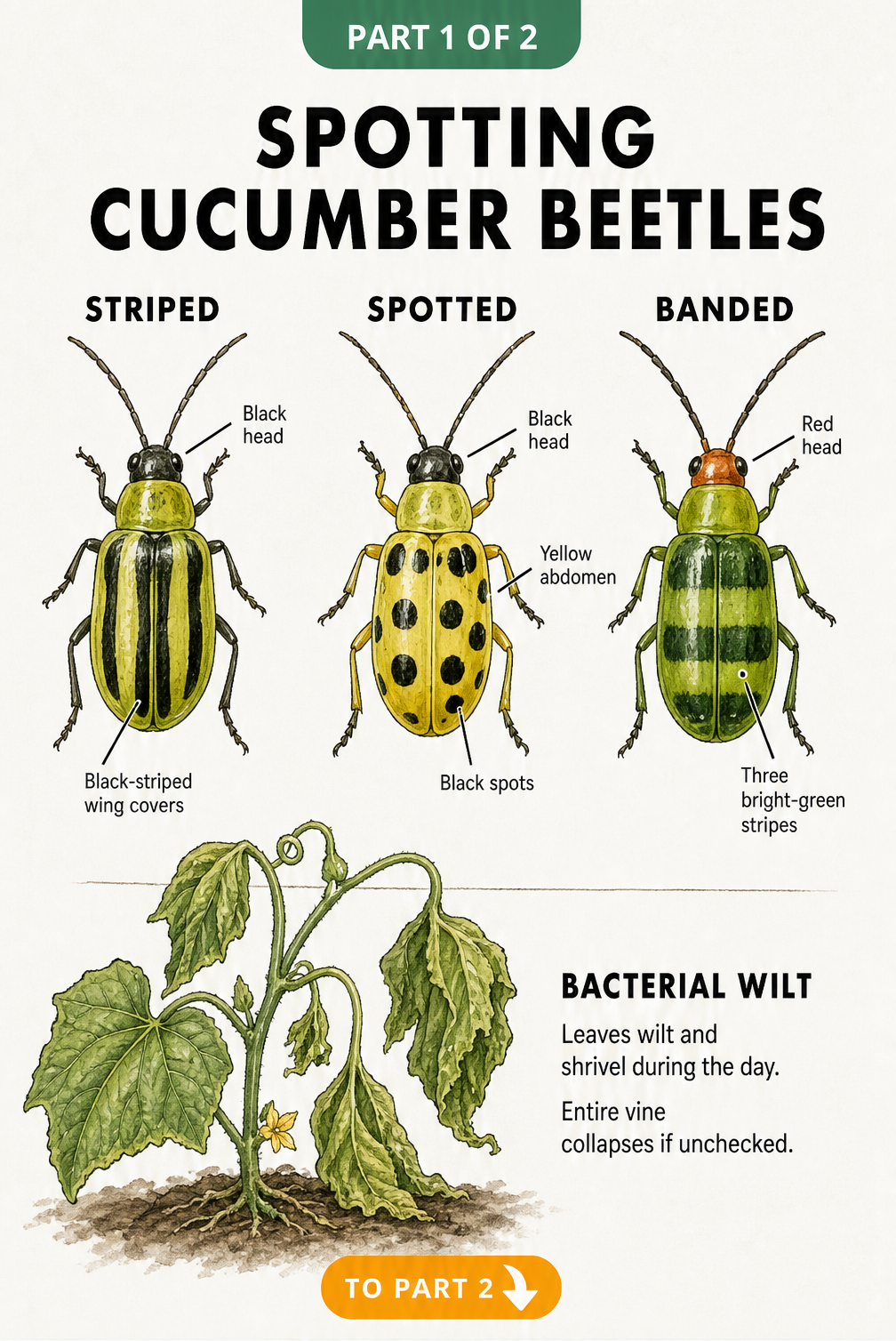 Illustration showing striped, spotted, and banded cucumber beetles alongside a cucumber plant suffering from bacterial wilt.