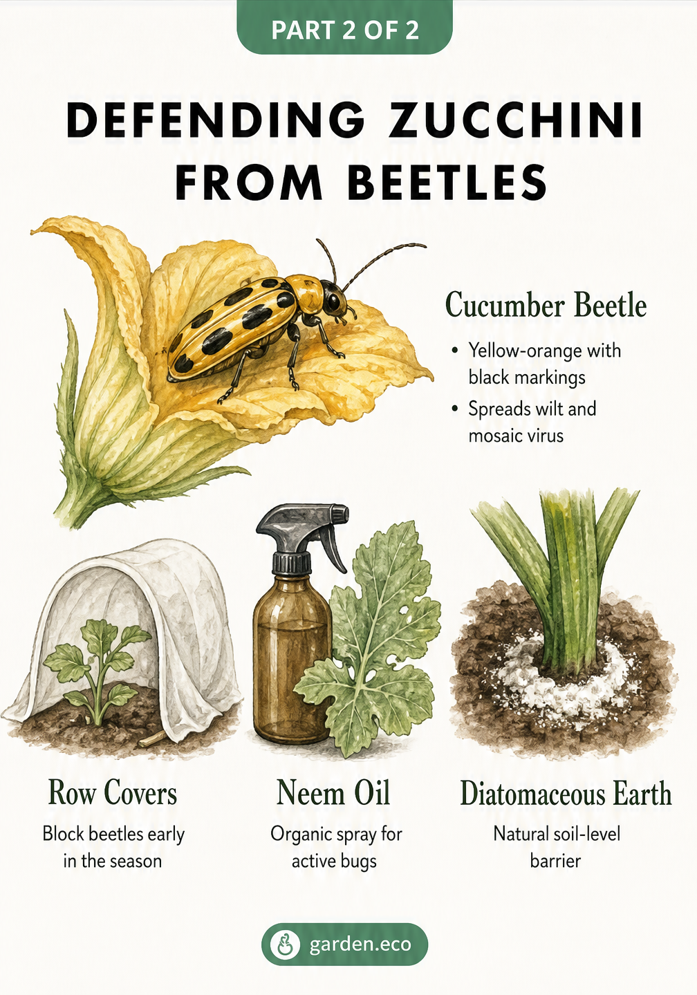 Illustration of a cucumber beetle on a zucchini flower and three defense methods: row covers, neem oil, and diatomaceous earth.