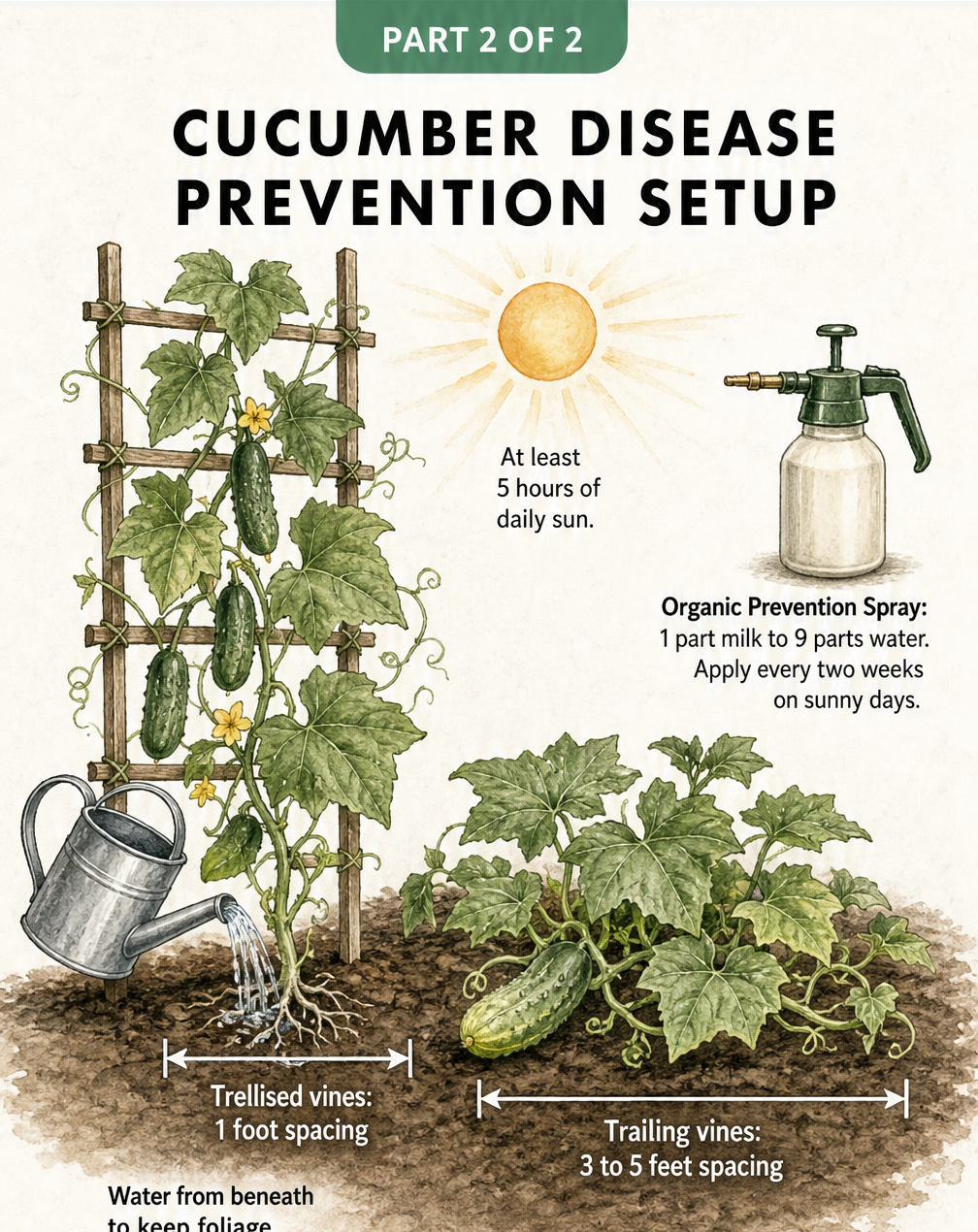 Illustration of a garden bed showing proper cucumber plant spacing, bottom watering, and organic prevention spray.