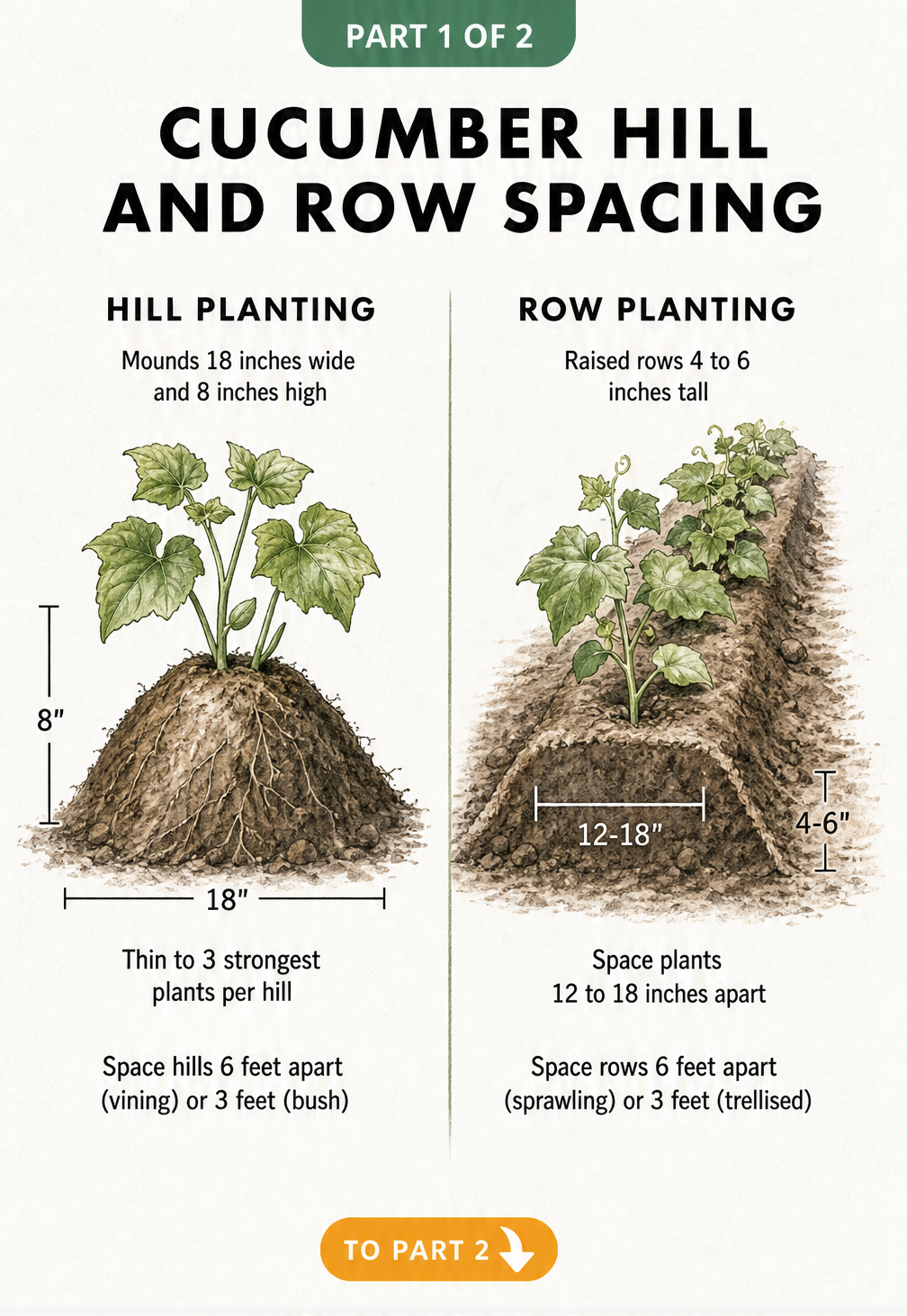 Illustration showing cucumber hill and row spacing dimensions