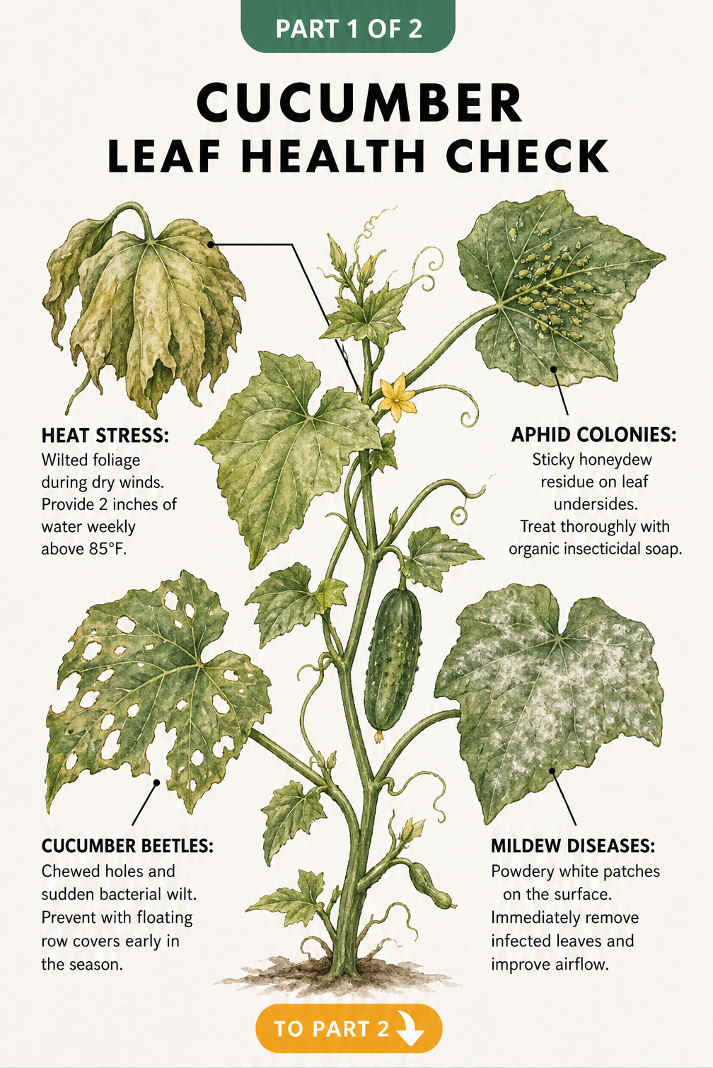 Botanical illustration showing cucumber leaf problems including heat stress, aphid damage, cucumber beetle holes, and powdery mildew.